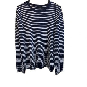 Onia Navy Blue and Cream Striped Linen Blend Sweater Size Small